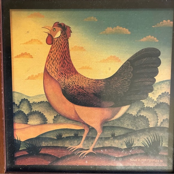 DIANE ULMER PEDERSEN 90’s ROOSTER PRINT WOODEN FRAME VINTAGE RUSTIC ART DECOR - Picture 2 of 5